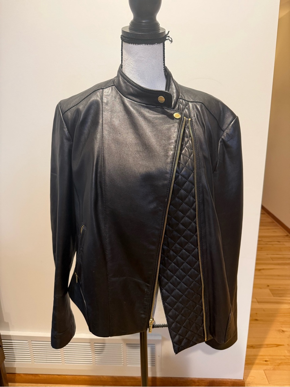 Cole Haan Black Leather Jacket with Quilted Panel & Gold Hardware